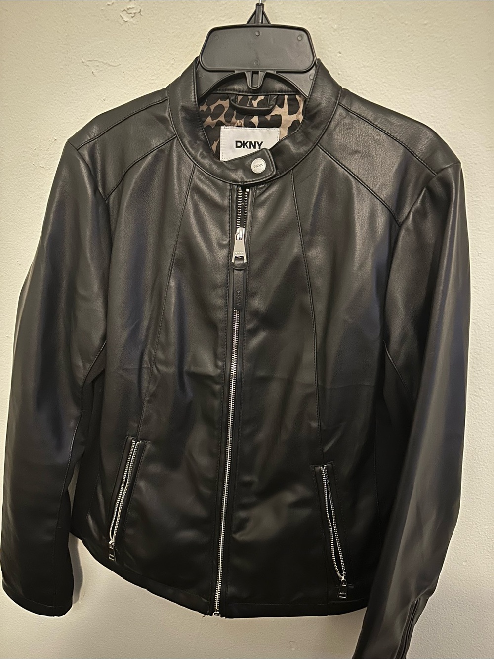 DKNY Black Leather Bomber Jacket with Zip Pockets